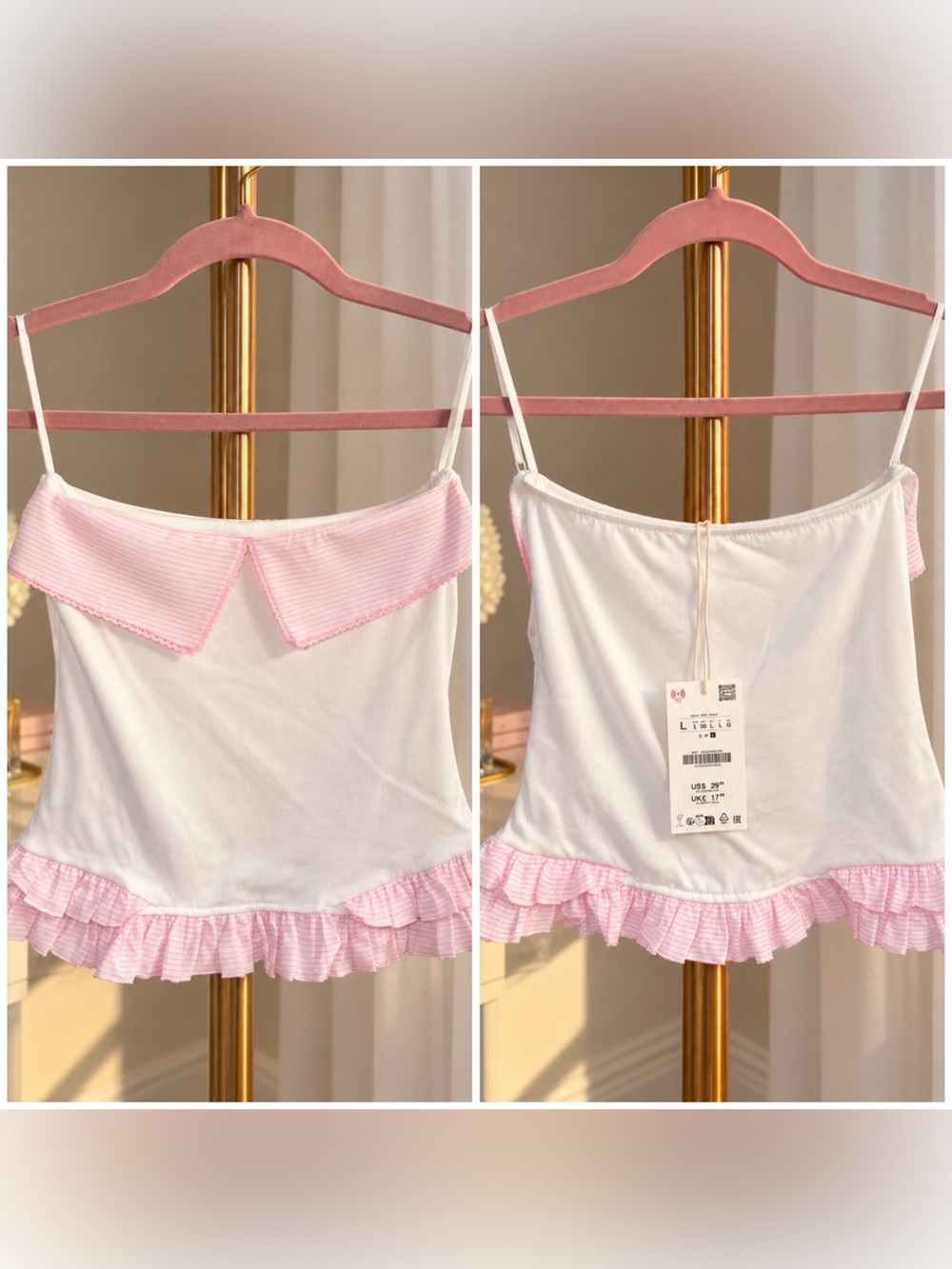 Zara White Tank Top with Pink Gingham Ruffle Trim